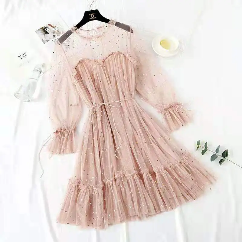 

Sequin Dress Casual Loose Lace Chiffon Mini Dress Women 2021 Summer Clothes Women Elegant Vintage Retro Fairy Dress Party Night
