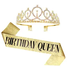 Gold Silver Glitter Birthday Sash Rhinestone Tiara 18th Crystal Crown Birthday Queen Satin Ribbon Sash For Birthday Party Decor
