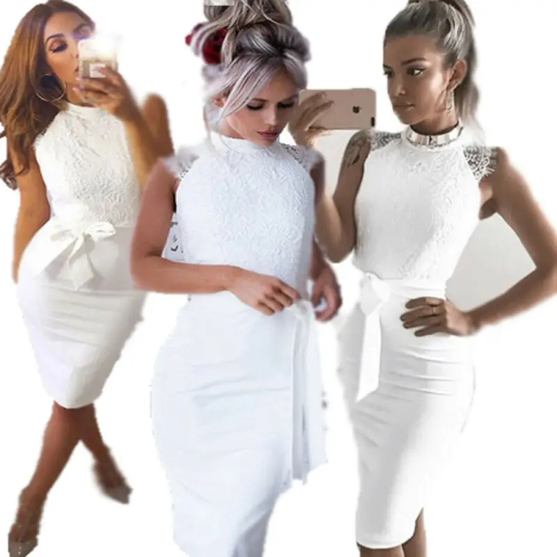 Women's Lace Sleeveless Bodycon Dress Fashion Formal Evening Party Club Wear Skinny Midi Solid White Color | Женская одежда