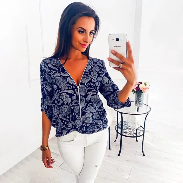 

Summer Casual Floral Print Woman Tshirts Female Sexy V-Neck Zipper Half Sleeve Plus Size 5XL Tshirt Women Elegant Top Streetwear