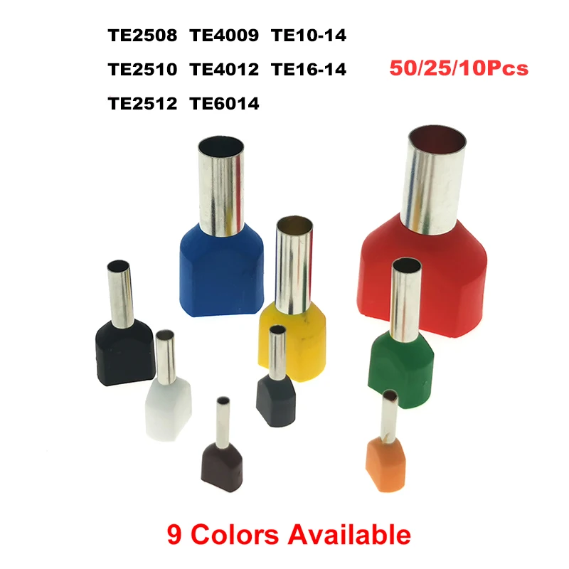 50/25/10Pcs Dual Wire Tube Insutated Cord End Crimp Terminals TE2508~TE16-14 Double Electrical Cable Copper Ferrules 14-6AWG