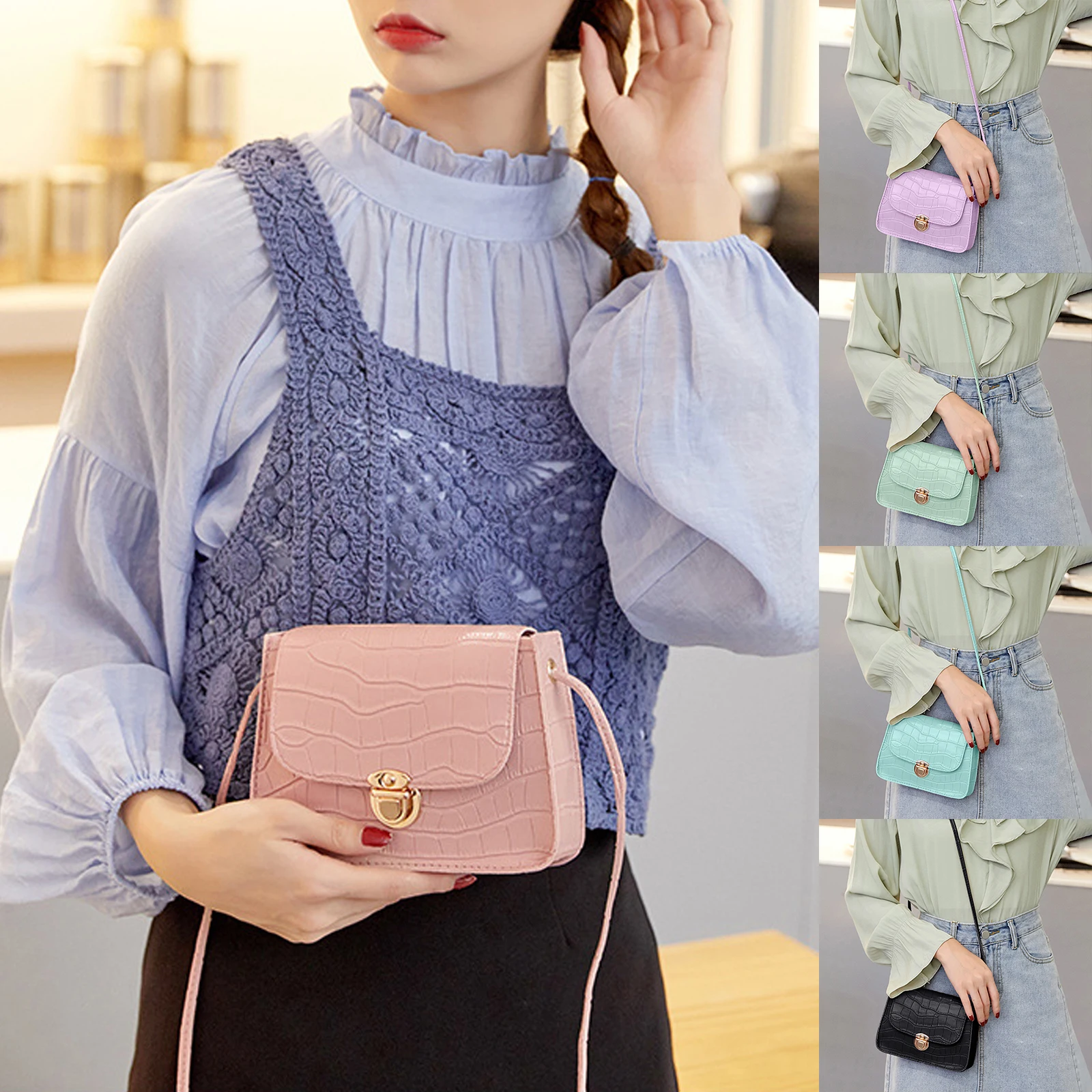 

New Ladies Messenger Shoulder Bags Casual Small Square Bag Mobile Phone Diagonal Crossbody Bags For Women Metal Chain PU Leather