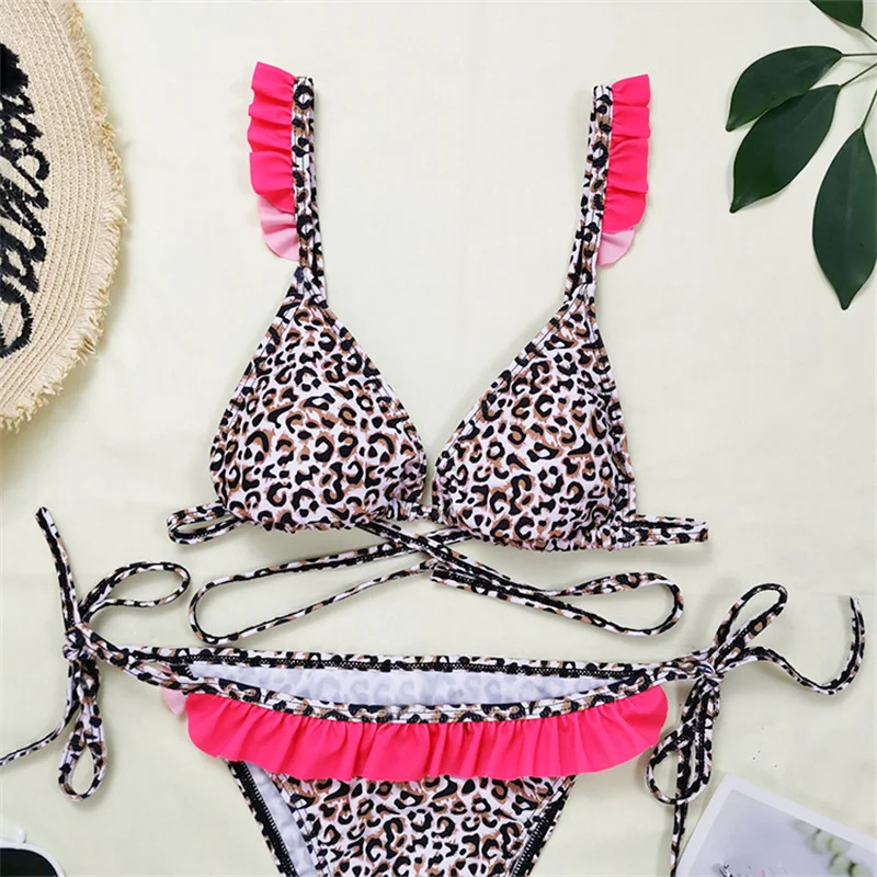 

2021 Sexy Leopard Print Ruffle Bikini Women Swimsuit Push Up Bandage Halter Bikini Set Brazilian Bathing Suit Swim Suit Female