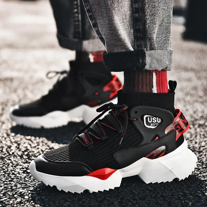 

Large Size High Top Massive Sneakers Socks Men Running Shoes Men's Footwear for Sport for Men Sports Shoes Black Knit Gym A-973