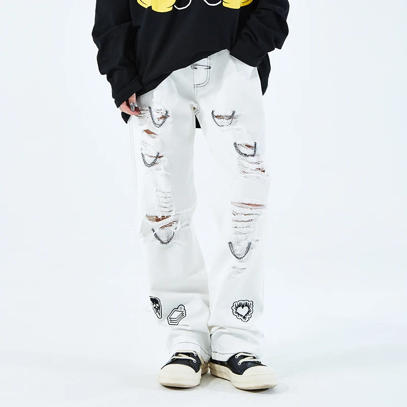 

Hip Hop Washed Destroyed Silm Fit Flare Jeans Pant Swag High Street Embroidery Hanging Chain Hole Ripped Micro Flared Jeans Men