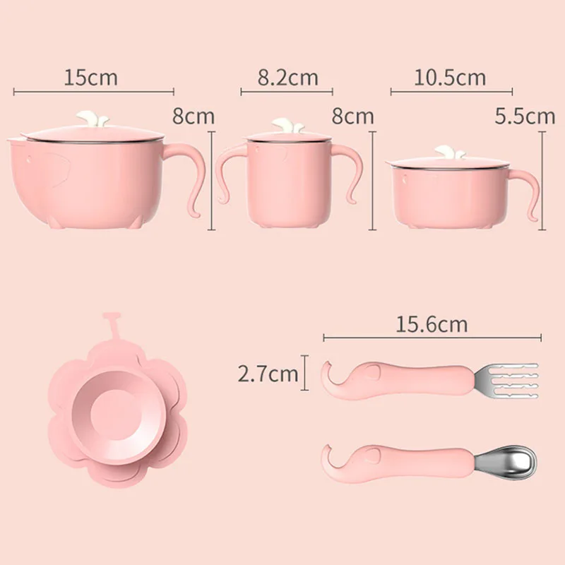 

Baby Food Feeding Set Kids Tableware Thermal Stainless Steel Bowl Silicone Spoon Fork Toddler Cup Insulated Sucker
