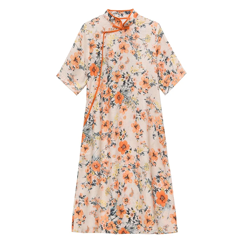 

COIGARSAM 3XL Plus Size Cheongsam Print Women dress New Spring Summer Mandarin Collar Dresses Design And Color 9230