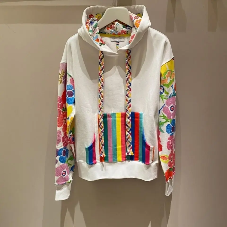 

2021 Spring and Autumn New Drawstring Hooded Color Matching Coat Flower Printing Long Sleeve Pullover Sweater Women