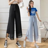 chiffon wide leg pants womens new style drape high waisted trousers split trousers loose double layer thin pants 1032p48