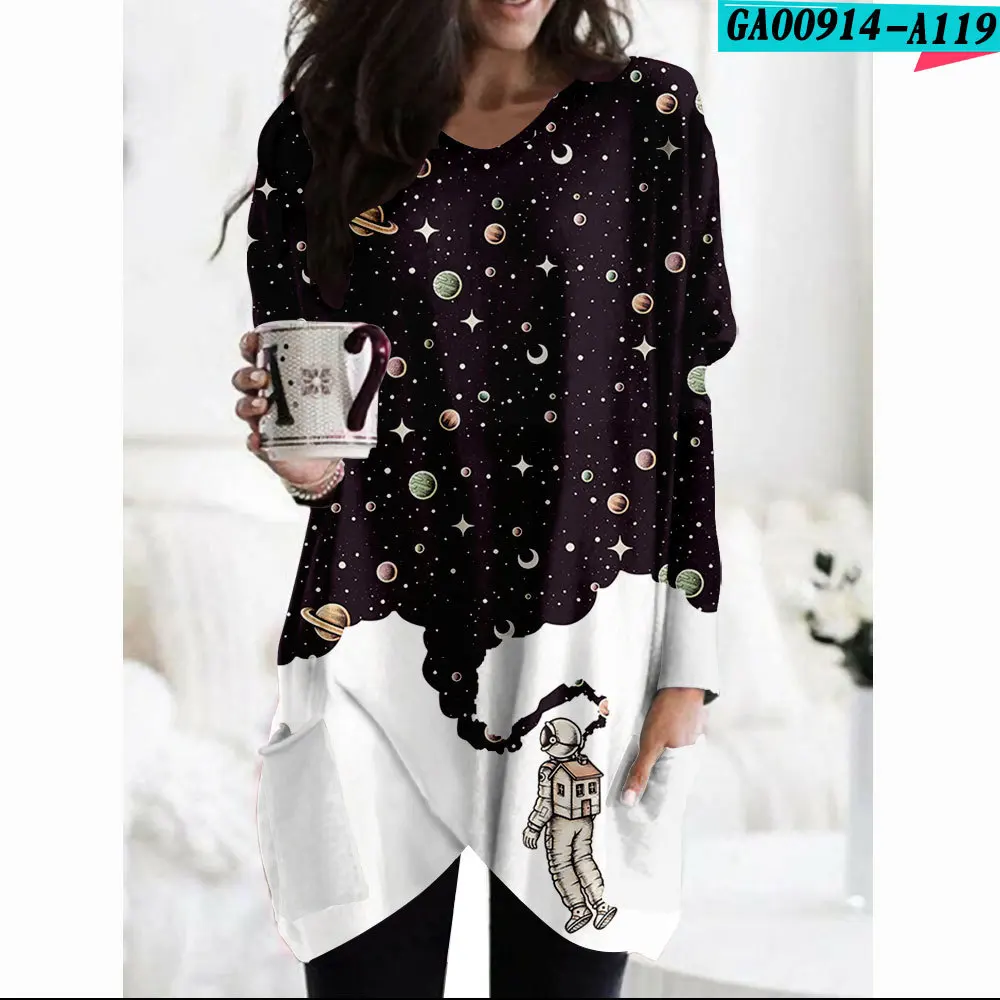 Женская свободная футболка с длинным рукавом и V-образным вырезом | одежда