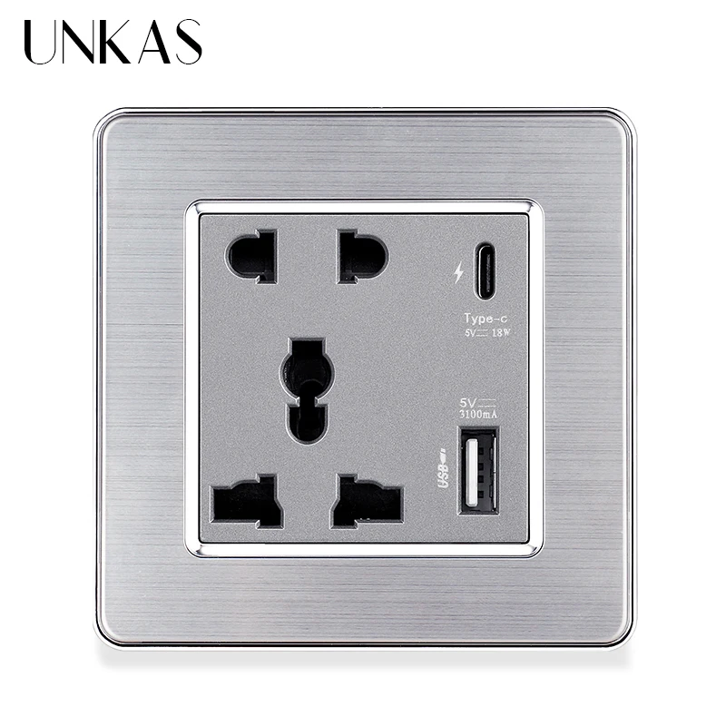 UNKAS Type-C USB Port Universal 5 Hole Pin Socket Stainless Steel Aluminum Acrylic Panel 3100mA Smart Quick Charge Outlet | Обустройство