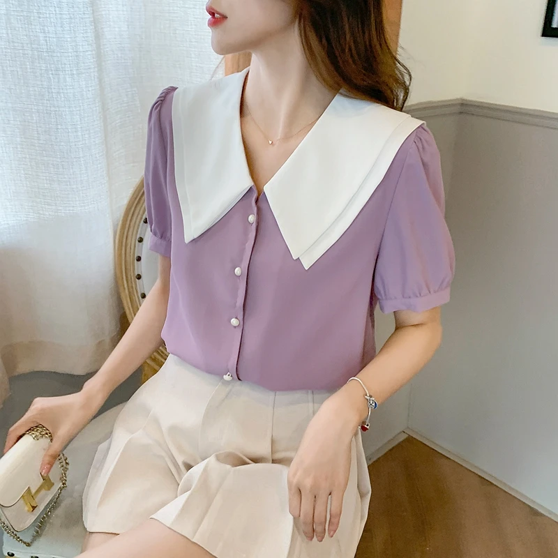 

Новинка лета 2021, белая шифоновая рубашка с коротким рукавом и воротником в морском стиле, женские топы, рубашка на пуговицах, корейская мода