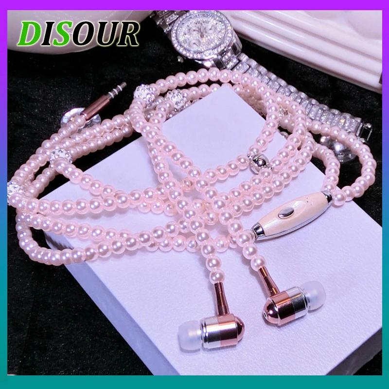 

DISOUR Pearl Necklace Earphone In-Ear Pink Rhinestone Necklace Jewelry Beads Earphones With Mic For Xiaomi Brithday Girls Gifts