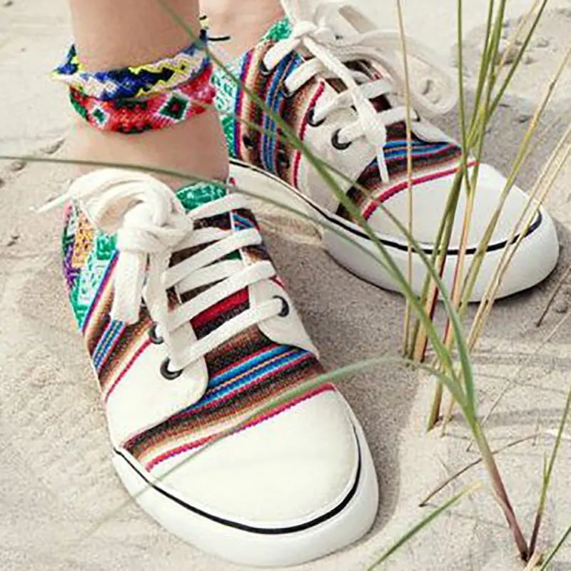

Babylili Casual Flat Shoes Women Sneakers Lace Up Female Canvas Shoes Ethnic Style Autumn Breathable Comfortable Light Durable