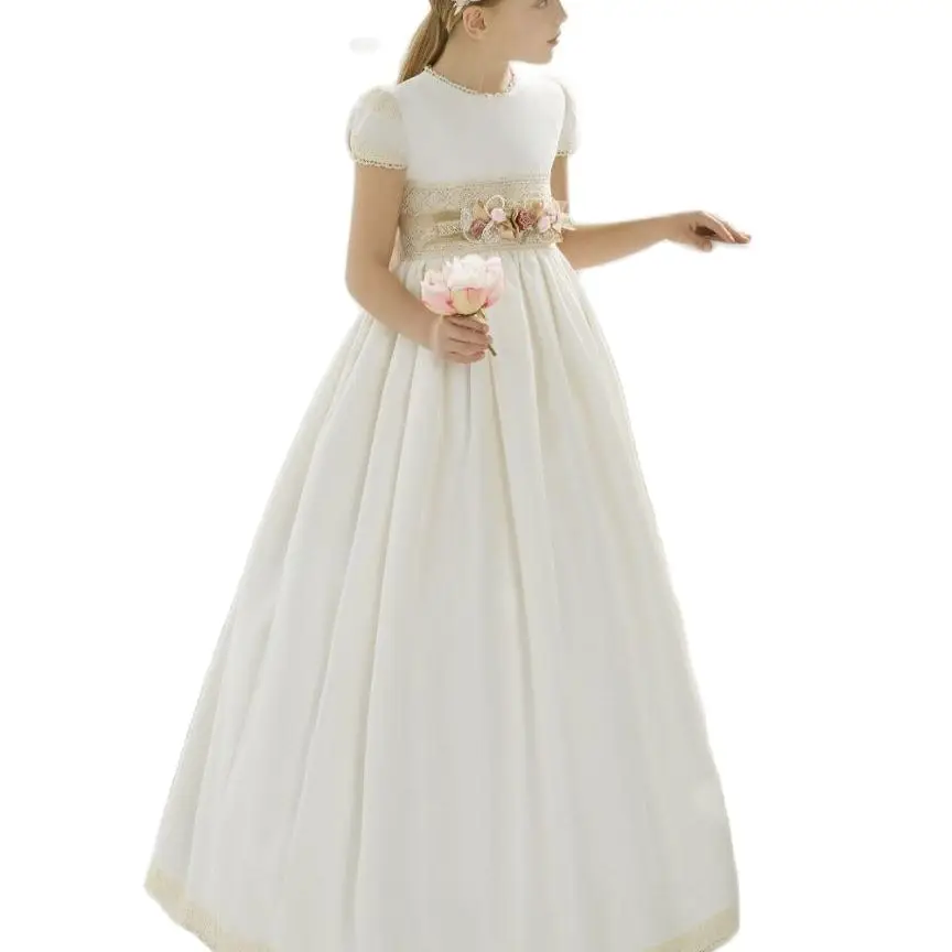 

2021 Newest pageant dresses first communion dresses for girls White Satin Lace Empire Flower Girl for weddings girls