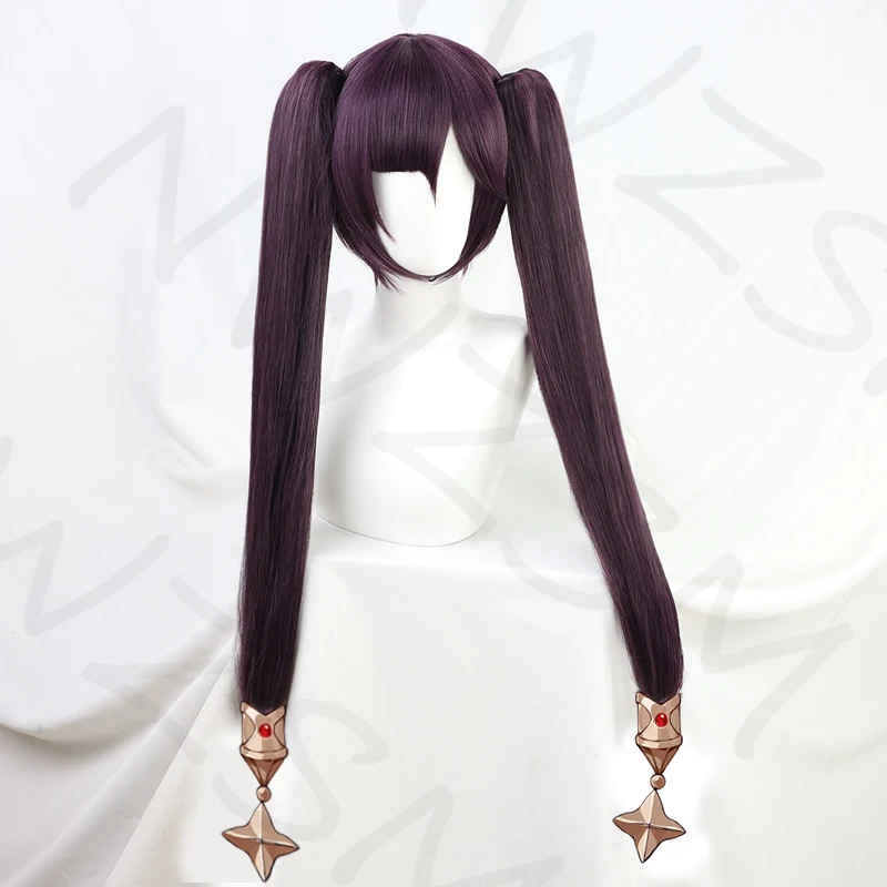 

Genshin Impact Cosplay Mona Wig Long Straight Twin Ponytails Bangs Dark Purple Heat Resistant Hair Adult Halloween Role Play