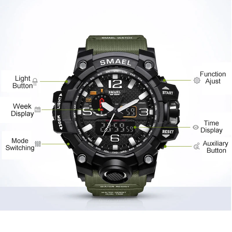 

SMAEL Brand Men Sports Watches Dual Display Analog Digital LED Electronic Quartz Wristwatches Waterproof Swimming Military Watch