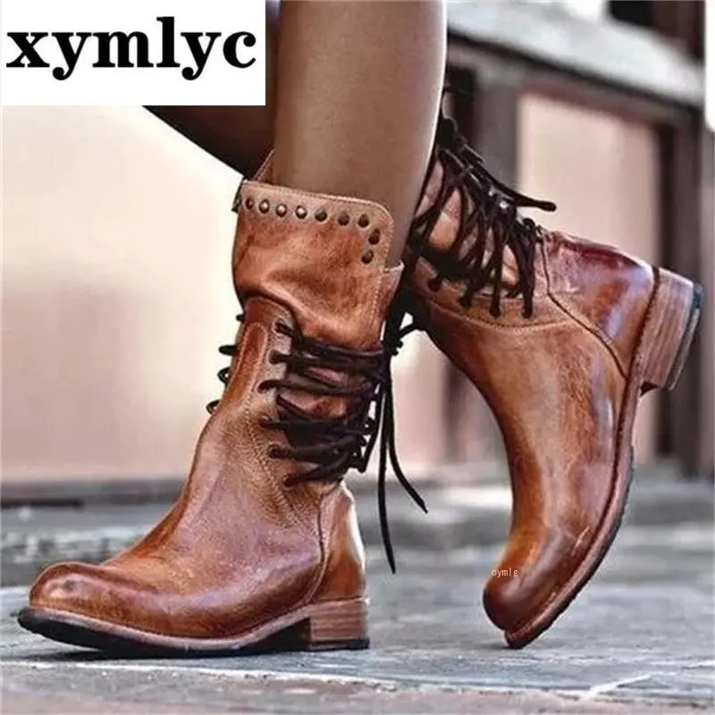 

New Winter Boots Women Retro Shoes Leather Middle Boot Non-Slip Round Toe Lace-Up 2020 Boots Zapatos Snow Boots Ladies