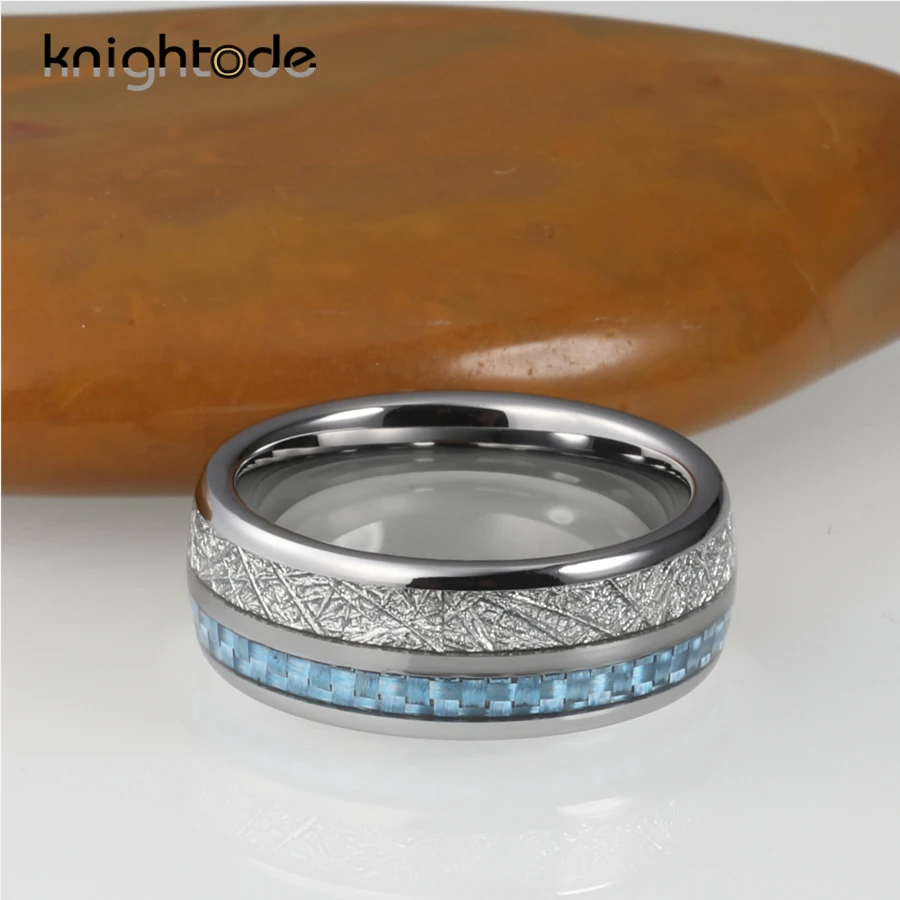 Кольцо из карбида вольфрама 8 мм белый метеорит/светильник инкрустация голубого