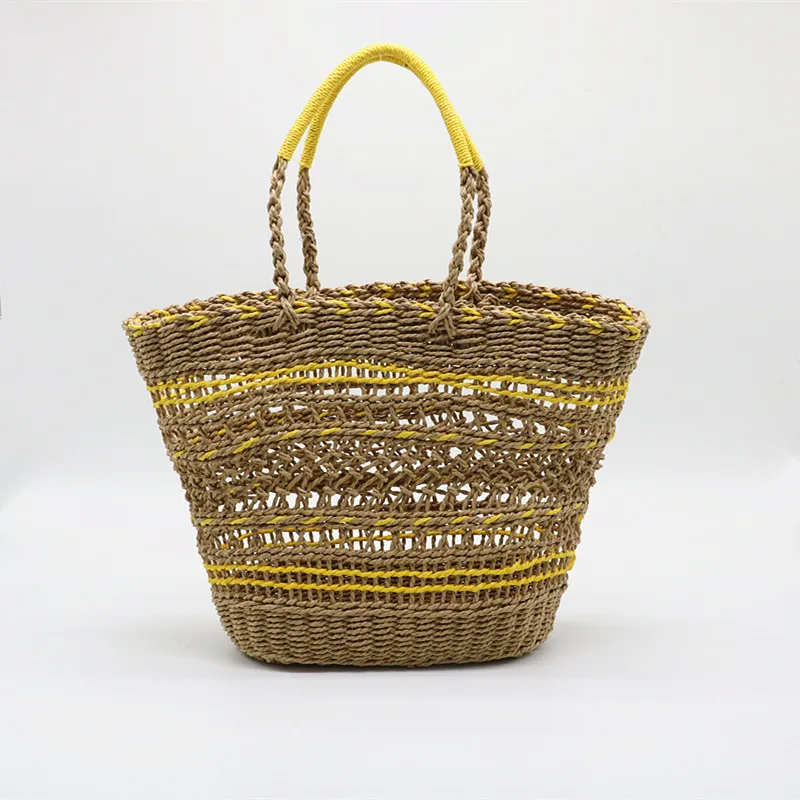 

Hollow Straw Woven Women Handle Bags Yellow One-shoulder Female Beach Bag Large Capacity Ladies Handbags Straw Bags for Women