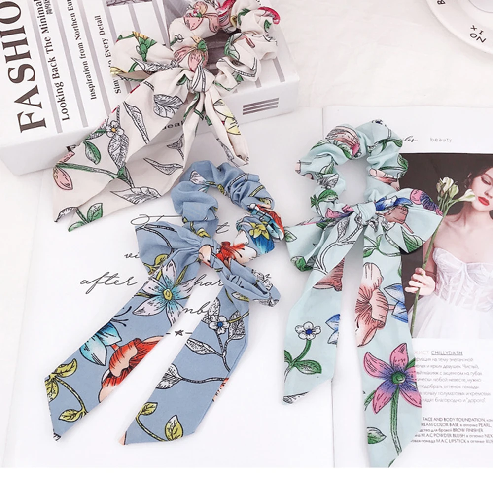 European and American exotic small fresh floral print wavy large intestine ring with ponytail ribbon cloth hair | Красота и здоровье