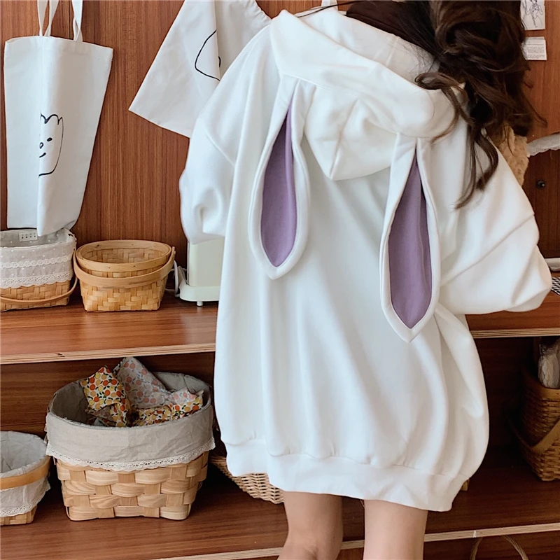 

Hoodies Women Autumn Sweatshirt Front Pocket Rabbit Long Sleeve Hooded Popular Ulzzang Oversize Kawaii Female Casual Loose Tops