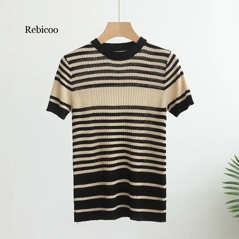 

Knitted Pullovers Women Sweaters Summer Korean Cashmere Short Sleeve Casual Slim Striped Pull Femme Woman Knit elegant Tops