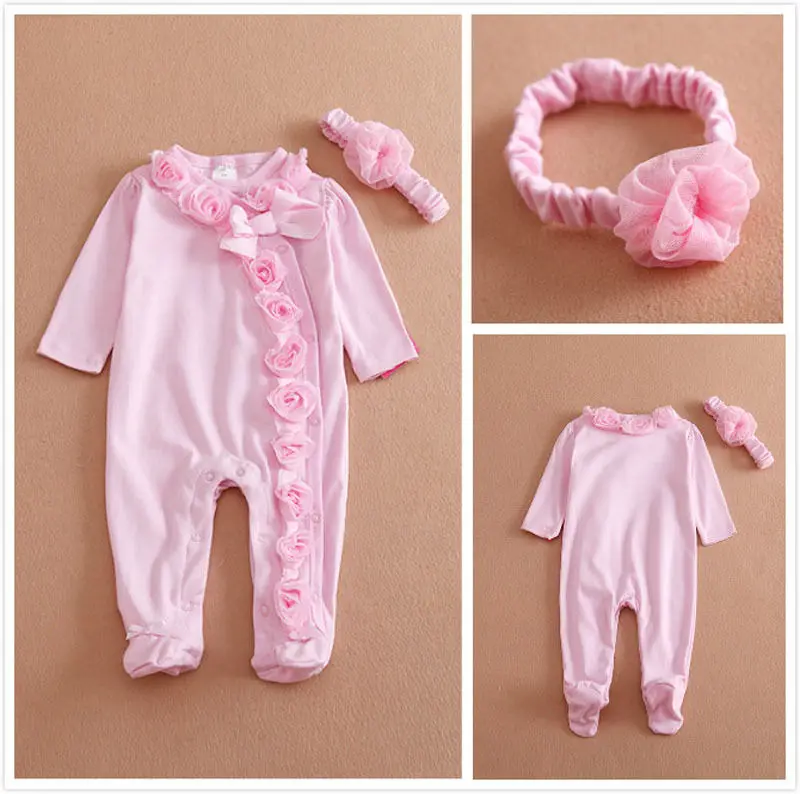 

0--7M Newborn Baby Girls Romper Long Sleeve Cotton Headband lovely Pink Clothes Jumpsuit Outfits Set