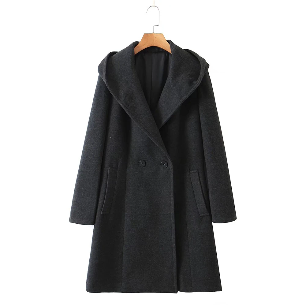 

Women's2021 Autumn/Winter Coat New Style Cuff Slit Fashion Hooded Woolen Coat Casual Solid Color Temperament Long Jacket Mujer