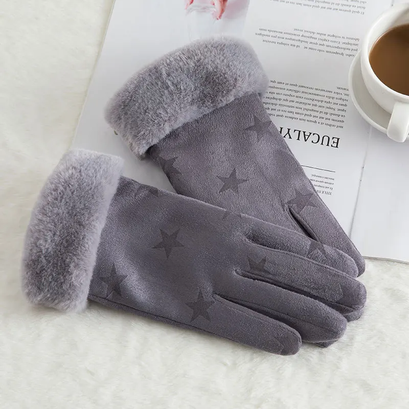 New Winter Female Lace Warm Cashmere Three Ribs Cute Mittens Double Thick Plush Wrist Women Touch Screen Driving Gloves