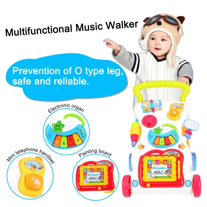 high quality baby walker toddler trolley sit to stand abs musical walker with adjustable screw for kids early learning toy gift free global shipping