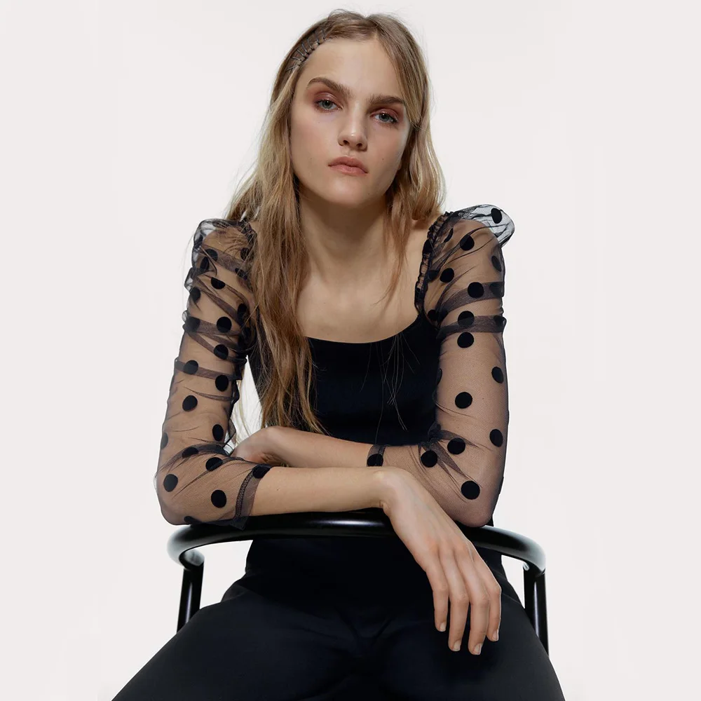 2020 ZA Lace Sexy Sweater Shirt Women Mesh Splicing Stretch Slim Short Tops Trendy New Casual Winter Autumn Party Gift Wholesale | Женская