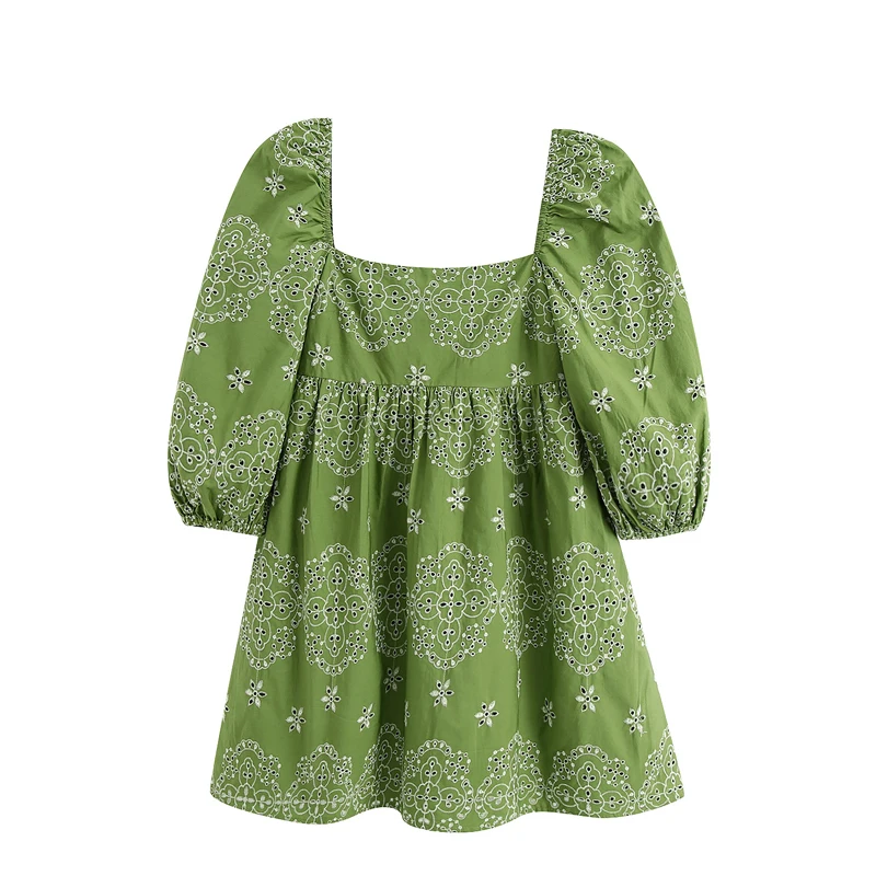 

Summer new style European and American style square neck embroidery hollow puff sleeve mini cotton dress