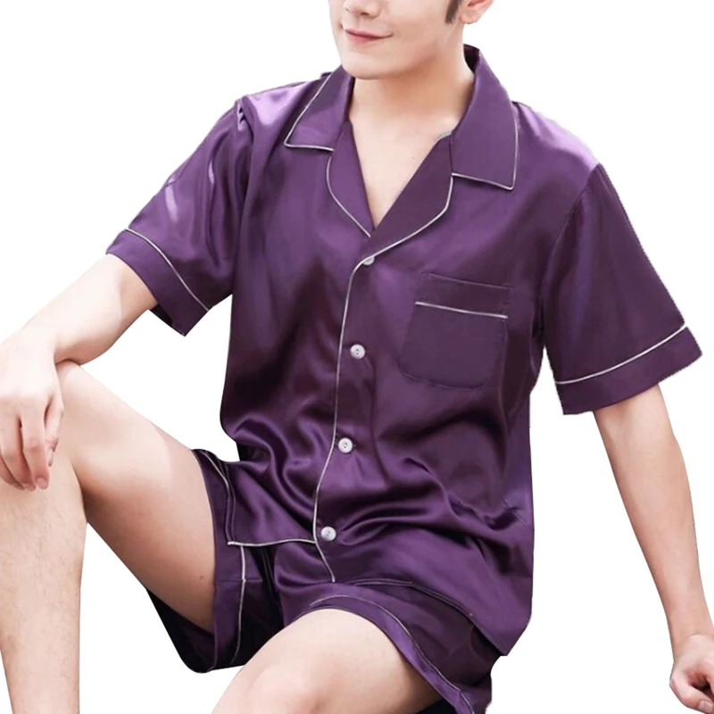

2 Pieces Nightwear Set Men s Solid Color Turn-Down Collar Short Sleeve Top and Pants Summer Sleepwear Nightgown Pajamas Set