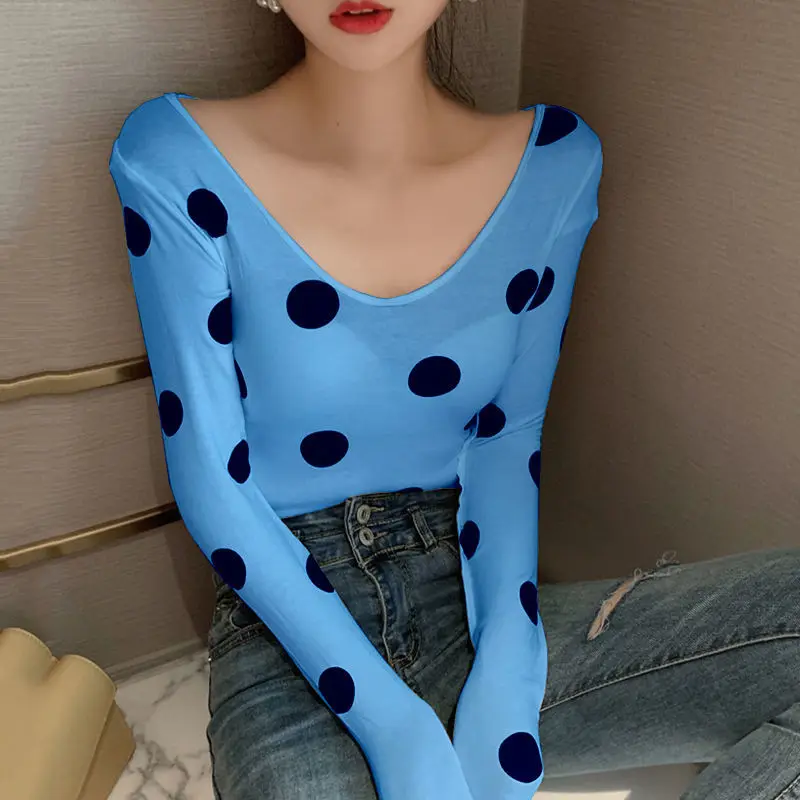 

High waist cropped top women slim slimming wave point thin long-sleeved t-shirt autumn new sexy round neck bottoming shirt