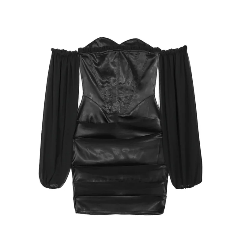 

Puff sleeve ruffle mesh black dress women Sexy off shoulder ruched mini bodycon dress Chic Elegant backless party club dresses