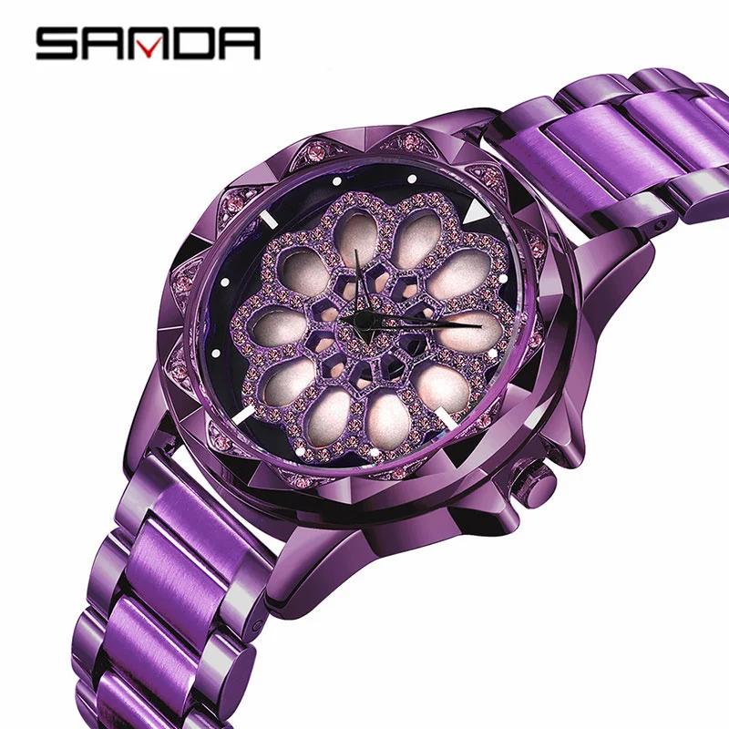 

Часы SANDA женские кварцевые с вращающимся циферблатом, Роскошные водонепроницаемые с японским часовым механизмом, с кристаллами, 30 м