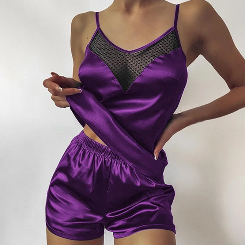 

Satin Pajamas Sexy Lace Pijama Nightie Sleepwear Home Clothes Tops and Shorts Women's Silk Pajamas Solid Color Pajama Set Women