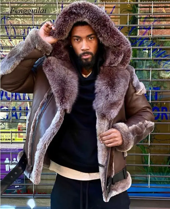 Зимняя мужская модная куртка с коричневым мехом на одном увеличенном меху