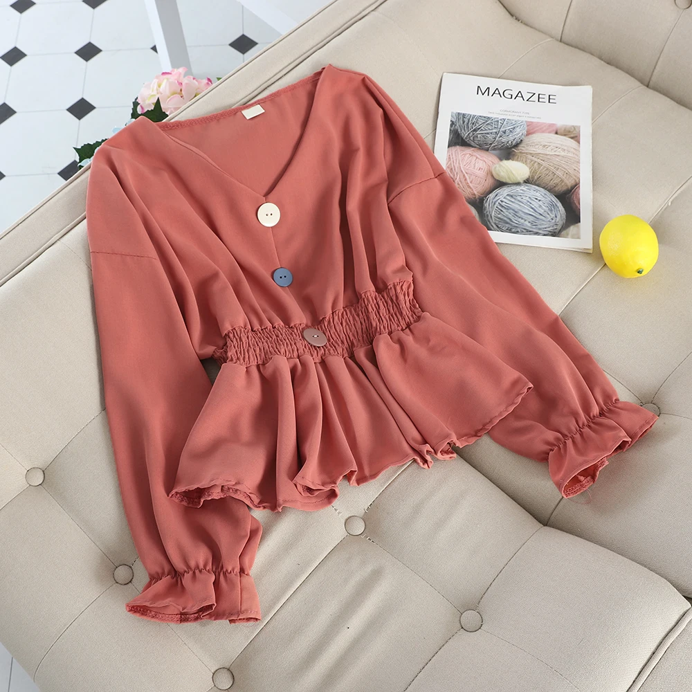 Women Blouse Shirts Элегантный женский расклешенный рукав v-образным вырезом Базовая шифоновая рубашка с оборками винтажный эластичный тонкий кардиган кнопка плиссированный пуловер, блузка, Топ - Цвет: Women Blouse Shirts