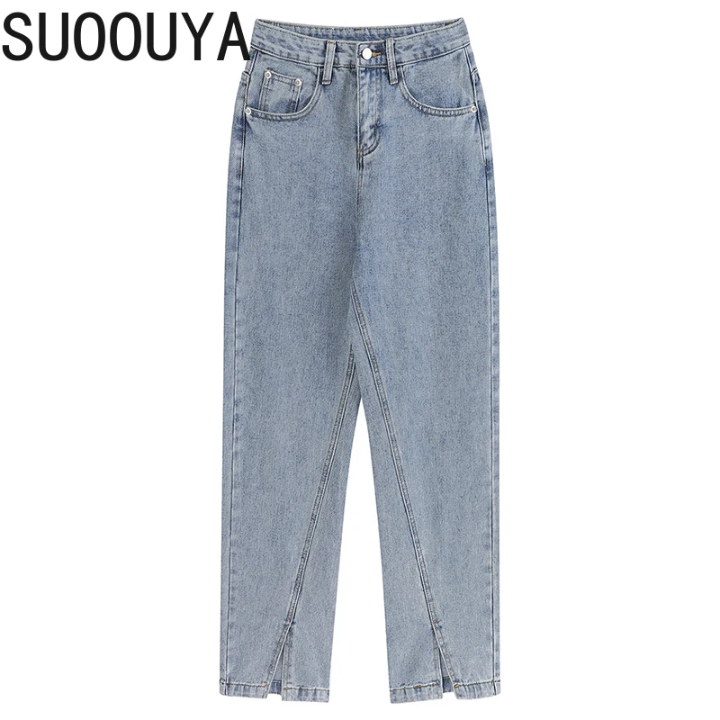 

[SUOOUYA] Women Leisure Zipper Split Blue Wide Leg High Waist Jeans New Loose Trousers Fashion Tide Spring Autumn female 2021