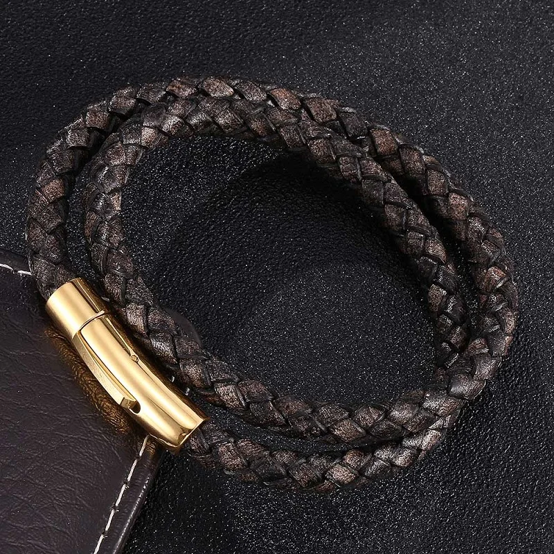 Модный Ретро черный плетеный кожаный двухслойный браслет с защелками из
