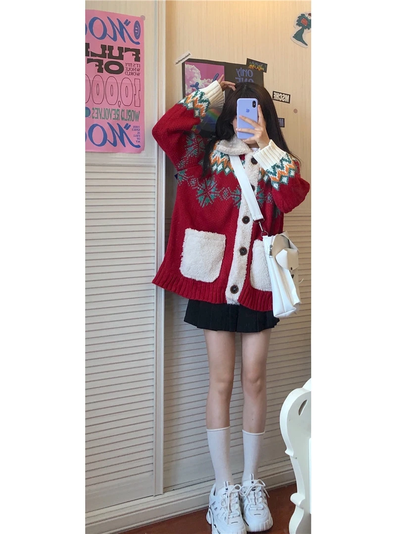 

Soft sister Japanese female cute Christmas lambs wool sweater cardigan coat loose outside 2020 new autumn and winter
