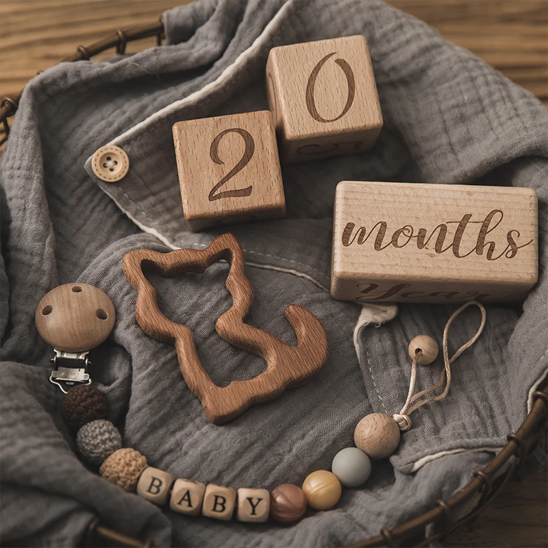 

1set Baby Milestone Memorial Monthly Wooden Block Photography Month Sticke Newborn Commemorative Age Card Photo Accessories