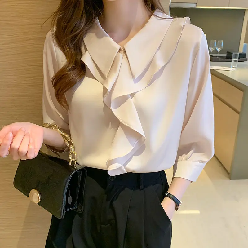 Женская шифоновая блузка с оборками Повседневная Свободная однотонная для