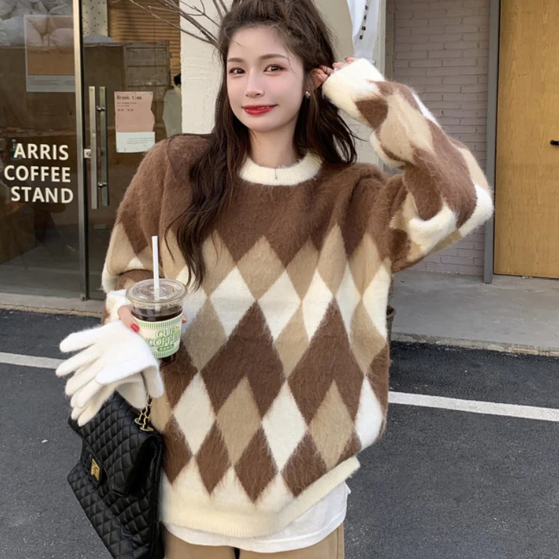 

Sweater Women 2021 New Korean Fashion Elegant Retro Round Neck Diamond Print Design Loose Casual Thick Knitted Pullover Sweaters