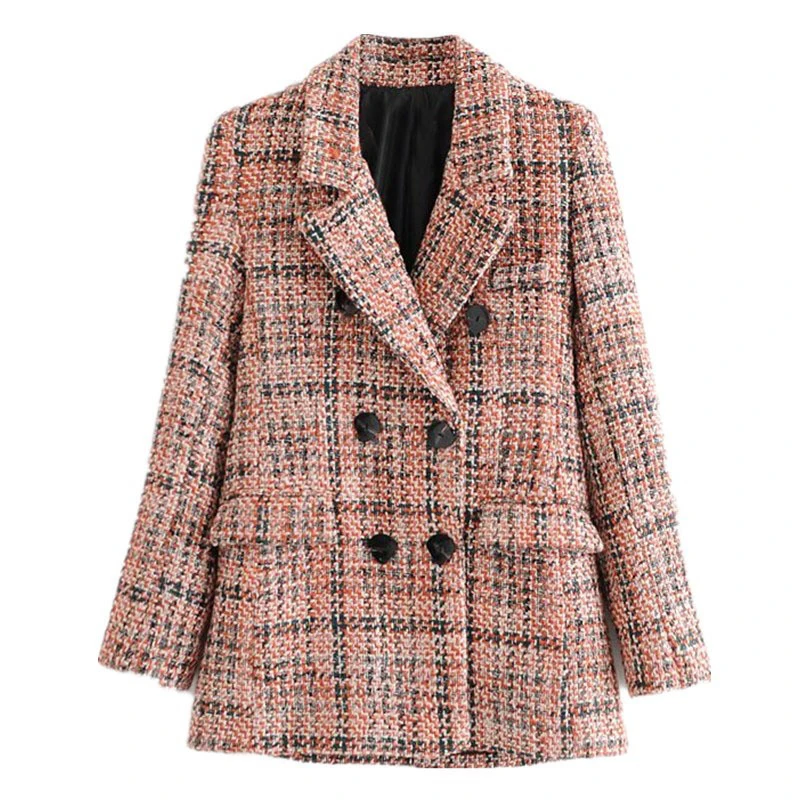 

Raisevern Women's Jacket Fashion Double Breasted Tweed Check Blazers Coat Vintage Long Sleeve Pockets Outerwear Coat Female