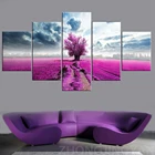 Современные настенные картины с рамкой для гостиной, 5 панелей, розовые, лавандовые цветы, ландшафт, украшения для дома, постеры с HD печатью, живопись