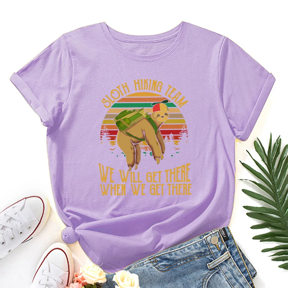 

Sloth Hiking Team We Will Get There Graphic Tee Tops Women Short Sleeve Crewneck Summer Cotton T-Shirts Female Clothes Shirt