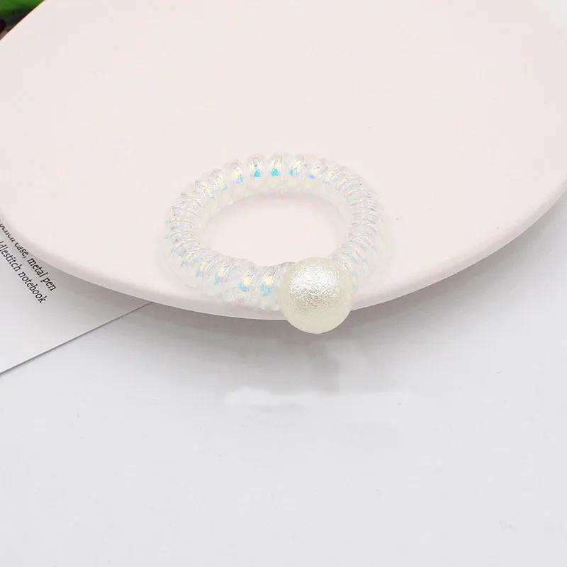 

Wholesale 50 Pcs Imitation Pearl AB Colorful Elastic Hair Band Spiral Ponytail Ties Gum Rubber Rope Telephone Wire